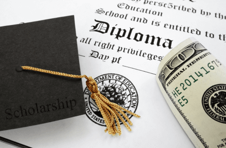 diploma, money and graduation cap