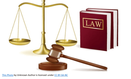 illustration of justice scales, gavel and law books