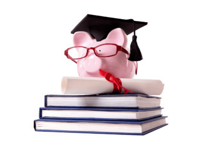 piggy bank with graduation cap on books