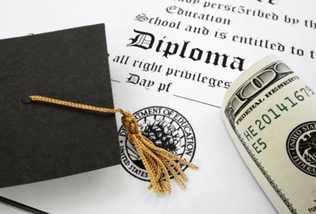 diploma, money and graduation cap