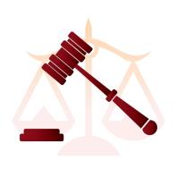 Cartoon artwork of judge's gavel and scales of justice