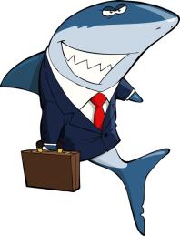Cartoon of a shark in a suit holding a brief case