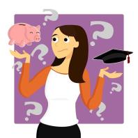 Cartoon of a woman surrounded by questions marks with a piggy bank in one palm and a graduation cap in another