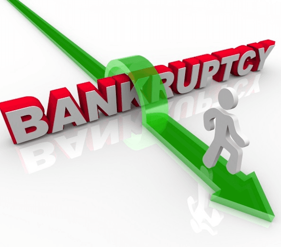 Cartoon of a stick figure walking a green arrow that goes over word " Bankruptcy"