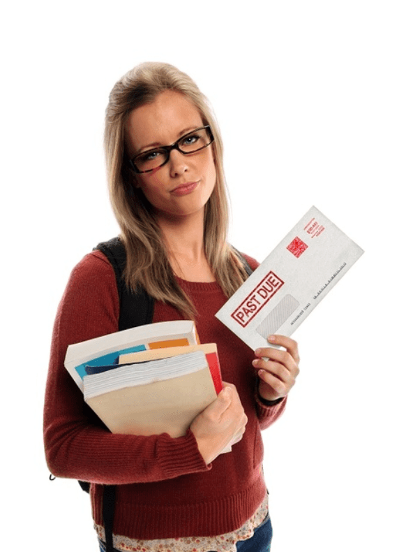 Woman with stack of books in one arm and "Past Due"