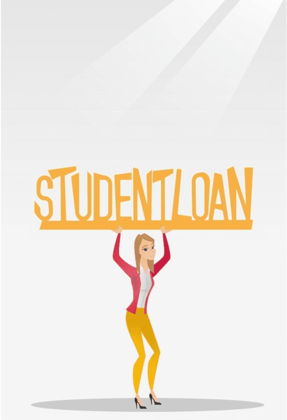 Cartoon of a woman holding up a "student loan" sign