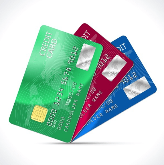 Artwork of  green, red, and blue credit cards fanned out