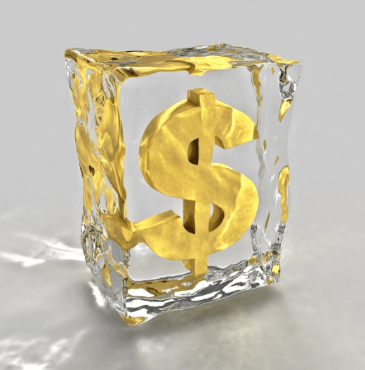 Gold $ sign frozen inside of ice