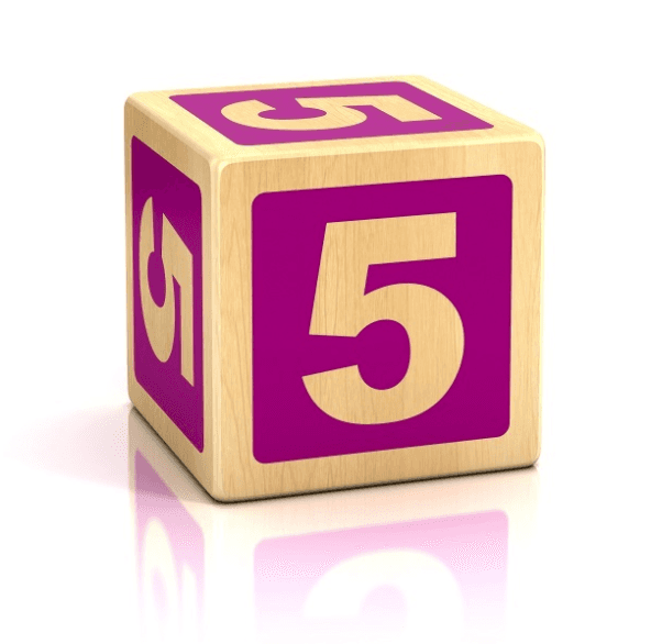 Dice with the number 5 written on all of it's sides