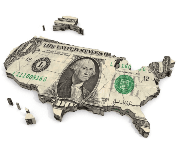 Map of the United States made out of a dollar bill