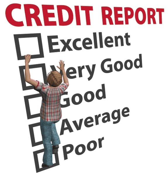 Cartoon of a person climbing Credit Report check boxes of "excellent", "very good", and "good"
