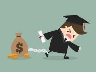 Cartoon of student in graduation cap and gown. Ball and chain of money sack attached to their ankle.