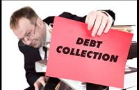 Man in a suit holding up a pink sign titled "Debt Collection"