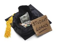 Graduation cap upside down filled with coins and dollars bills. Student Loans cardboard sign on top